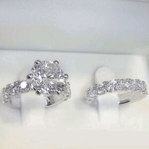 Elegant Platinum Plated Silver Wedding Engagement Ring Set - 2 Rings NEW